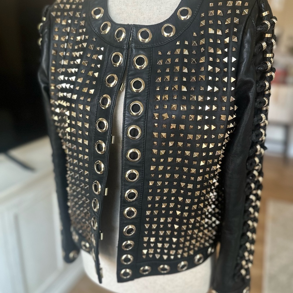 Alice + Olivia Black and Gold Leather Jacket - Picture 9 of 10